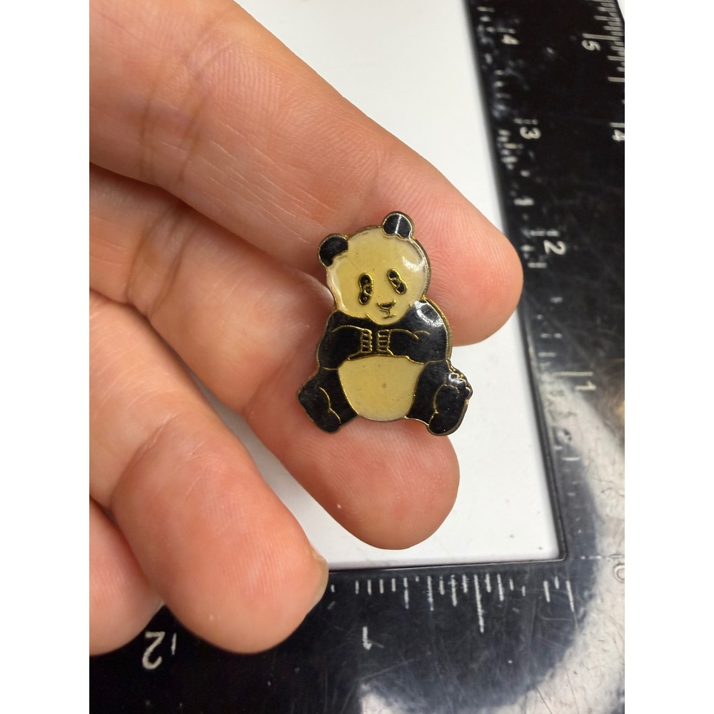 Vintage Panda Bear Enamel Lapel Pin Gold Tone Black Cream Animal Accessory